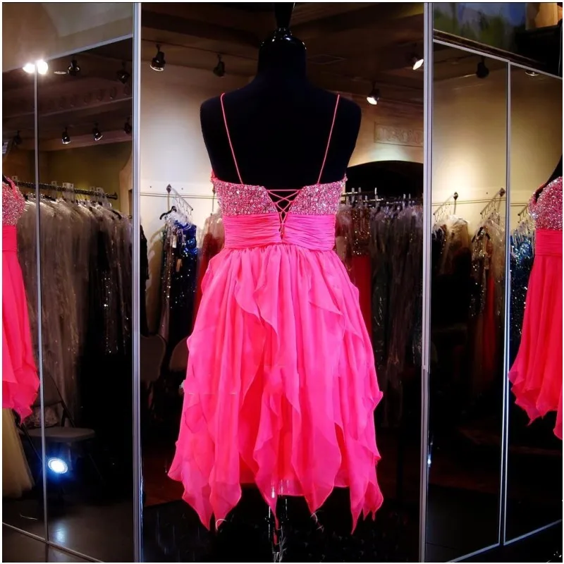 Фуксия короткие выпускные платья 2016 спагетти ремень полное бисероплетение лиф