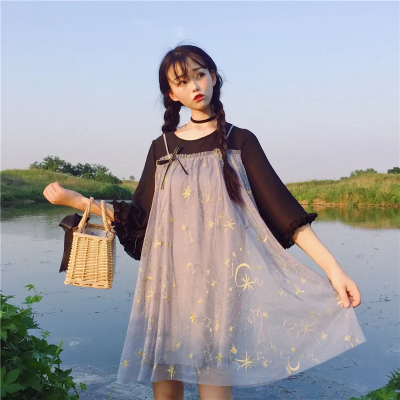 Женские платья Япония каваи Ulzzang шифон сшивание сетка ложные два женское милое