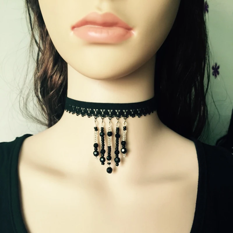Black Lace Harness Necklace Tassel Pendant Collar Punk Wedding Jewelry Sexy Neck Belt Rave Wear B0682 | Женская одежда