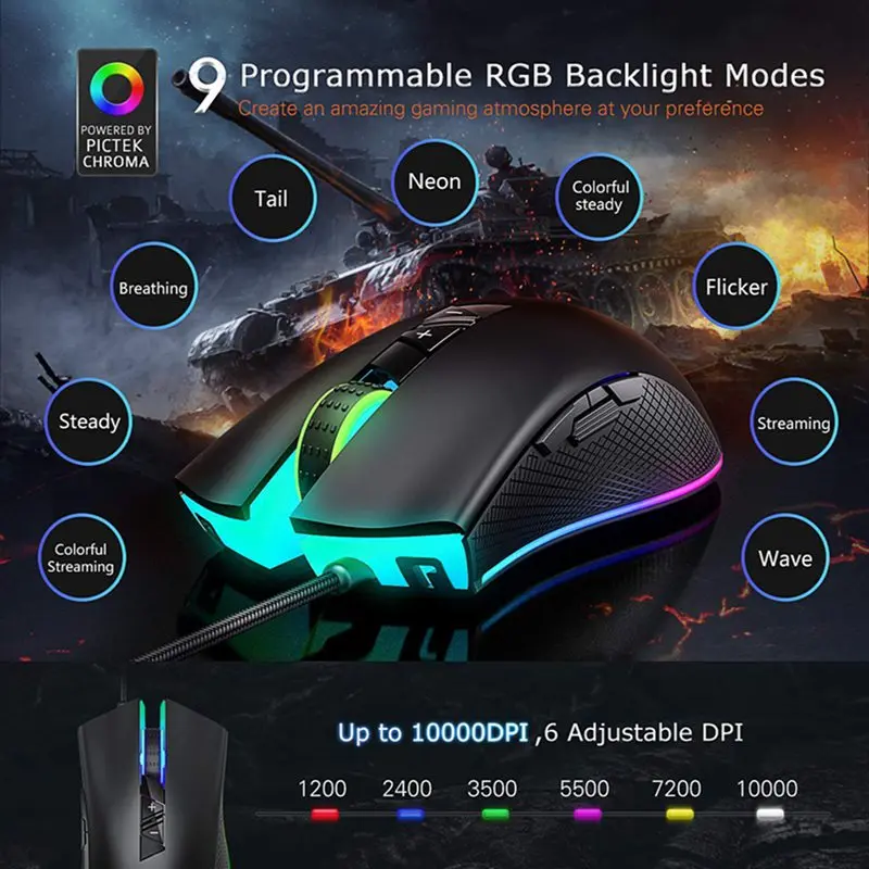 Проводная игровая мышь Pictek регулируемая 8 программируемых кнопок 10000 DPI Chroma RGB с