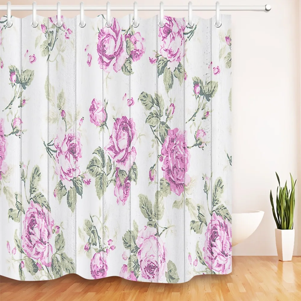 

LB 180*180 Waterproof Shower Curtain Purple Flowers on White Rustic Wood Board Bathroom Curtains Fabric for Bathtub Home Decor