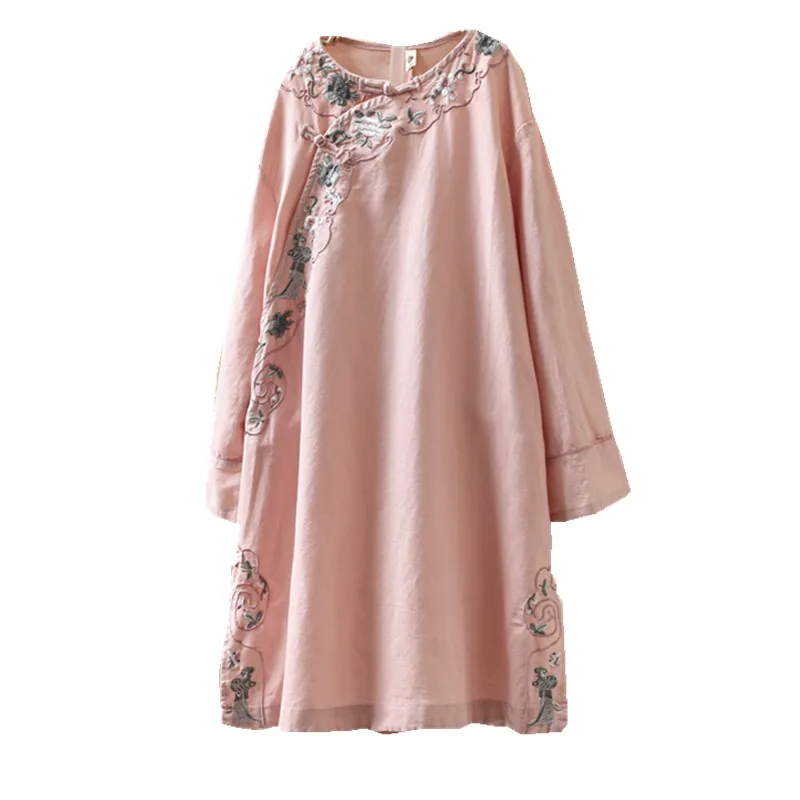 National Style Literary Embroidery Plate Button Shirt Long Section Cotton Linen Tea Service Zen Clothing Sen Female |