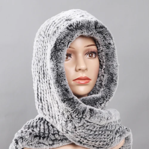 Новые русские женские шарфы с капюшоном из меха кролика рекс женские зимние теплые настоящий мех кролика шапки шарф вязаные шапки из натурального меха - Цвет: GREY
