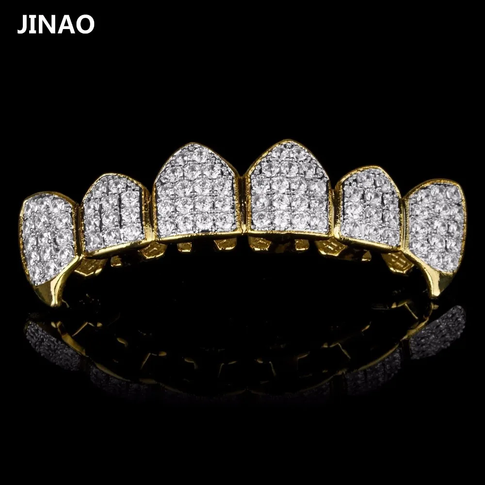JINAO из чистого золота Цвет & посеребренные в стиле хип хоп Grillz Micro Pave CZ Золотой Клык