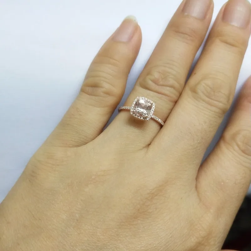 

HELON Real 14K Rose Gold Claw Prongs Flawless Cushion 0.9ct morganite 0.2ct Diamond Engagement Ring Women Wedding Trendy Jewelry