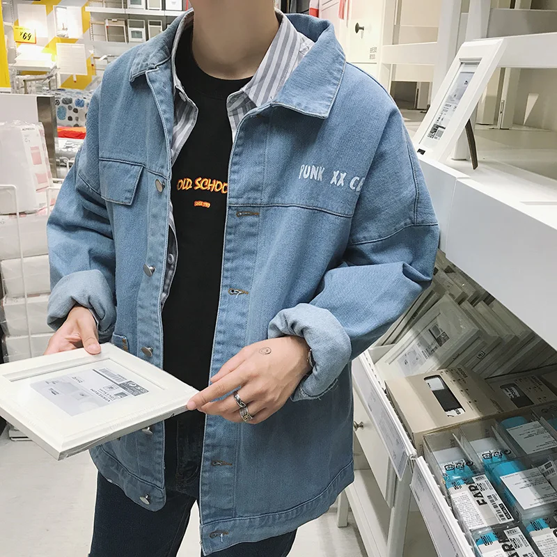 Мужская джинсовая куртка бомбер Повседневная приталенная из синей джинсовой