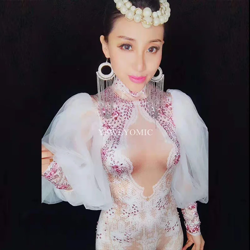 3D print White Color Lace Lady Performance Stage jumpsuit Long sleeve Sexy club Dance Costume Women Sexy Pole Bodysuit YSW6651