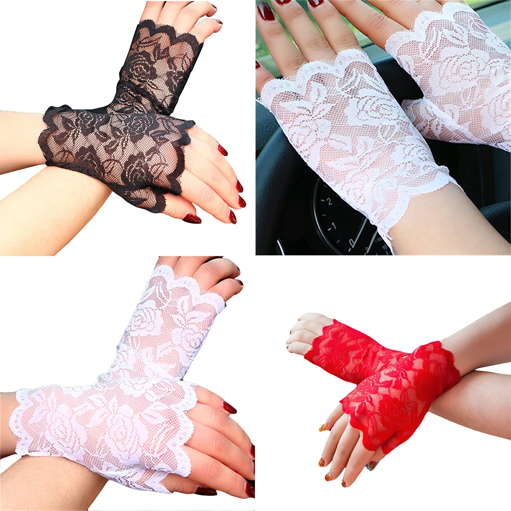 

Lace Floral Long Fingerless Gloves Women Hollow Out Half Finger Fishnet Gloves Mitten Harajuku Black White Red Summer Sunscreen