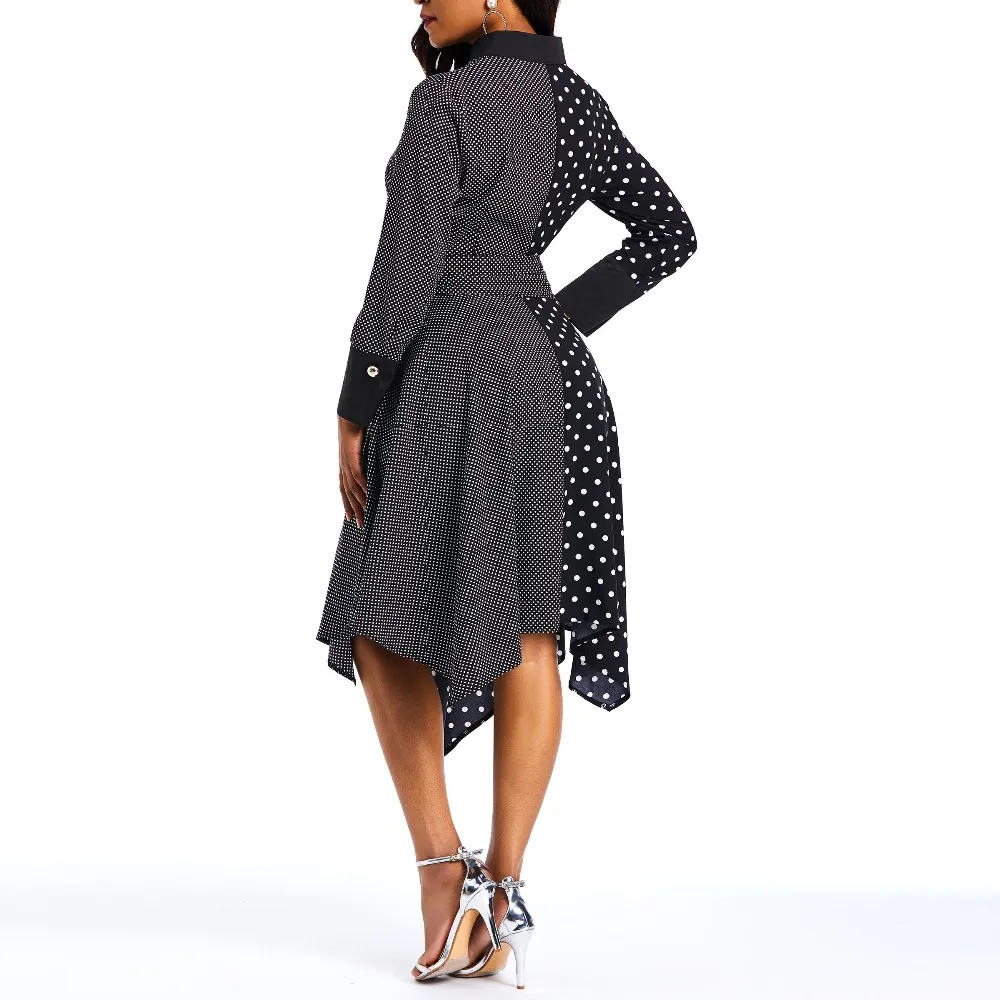 В горошек Винтаж платье для женщин асимметричный подол Белый Элегантный Весна с