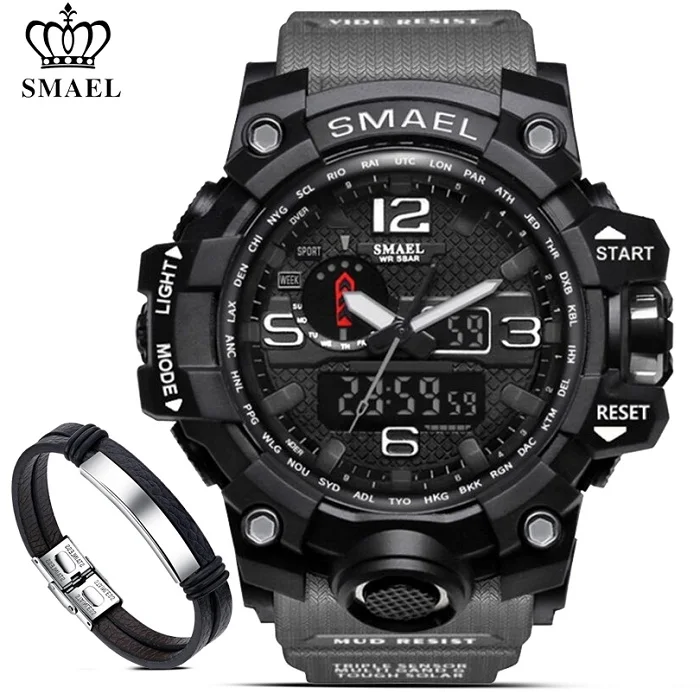 1545 Gray Black SMAEL, мужские военные водонепроницаемые цифровые часы 50 м, мужские светодиодный кварцевые часы, спортивные часы, мужские часы 1545+ Набор браслетов - Цвет: 1545 Gray Black