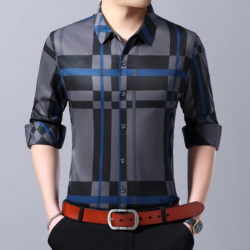 Мужская рубашка с длинным рукавом MIACAWOR повседневная приталенная в клетку модель