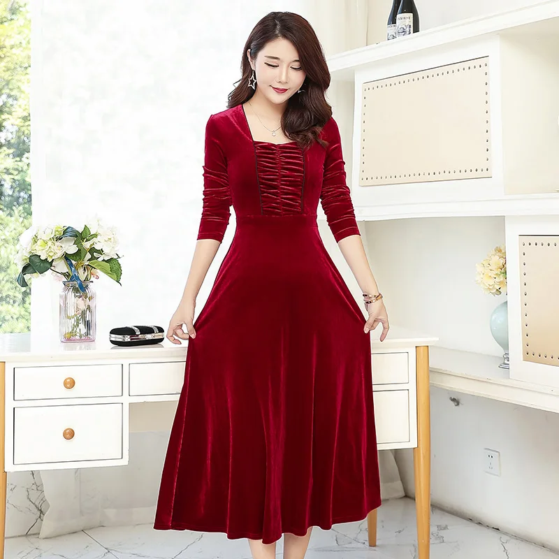 

2019 Women Fashion spring autumn Sexy Elegant Gold Velvet Dress Square collar Long Sleeve Party Long dress cc384