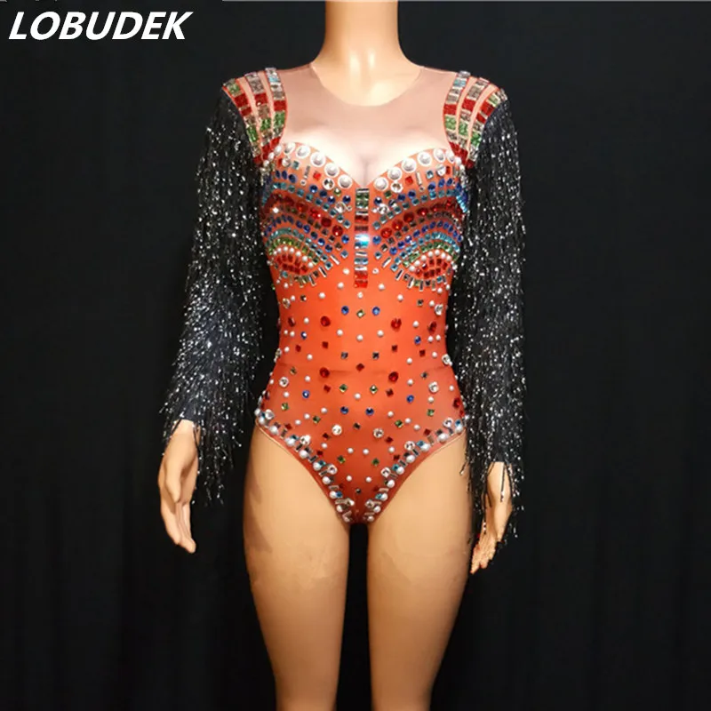 

Colorful Pearl Crystals Tight-fitting Bodysuit Black Tassel Sleeve Sexy DJ Singer Female Nightclub Costume Jazz Dance Stage Wear