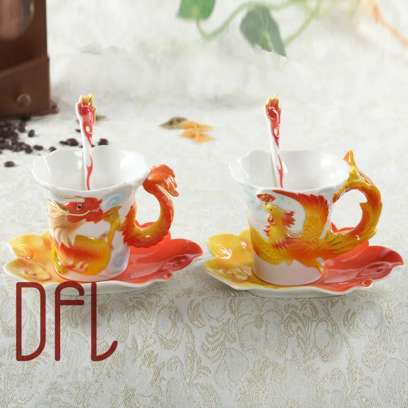Эмалированные кофейные кружки с драконом и Фениксом, чашки и кружки с блюдцем, ложка, креативная посуда для дома и офиса