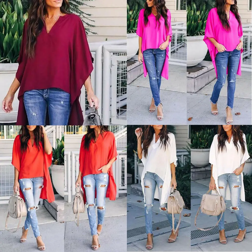 Шикарный элегантный нерегулярные блузки с v образным вырезом рукав летучая мышь