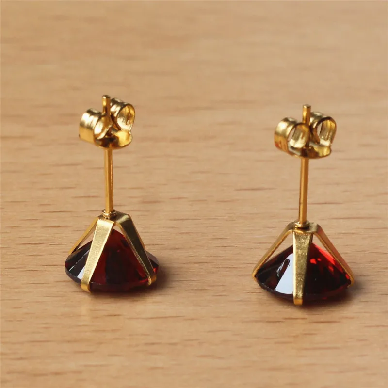 316 L Stainless Steel Gold-color Vacuum Plating With 8mm Round AAA Pomegranate Red Zircon Stud Earrings 201903011428