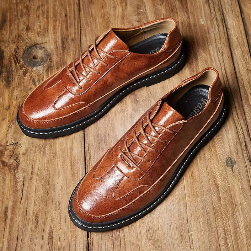 

2019 New Arrival Casual Leather Shoes Men Lace-Up Breathable Flats Outdoor Walking Shoes Non-Slip Hard-Wearing Tooling Men Shoes