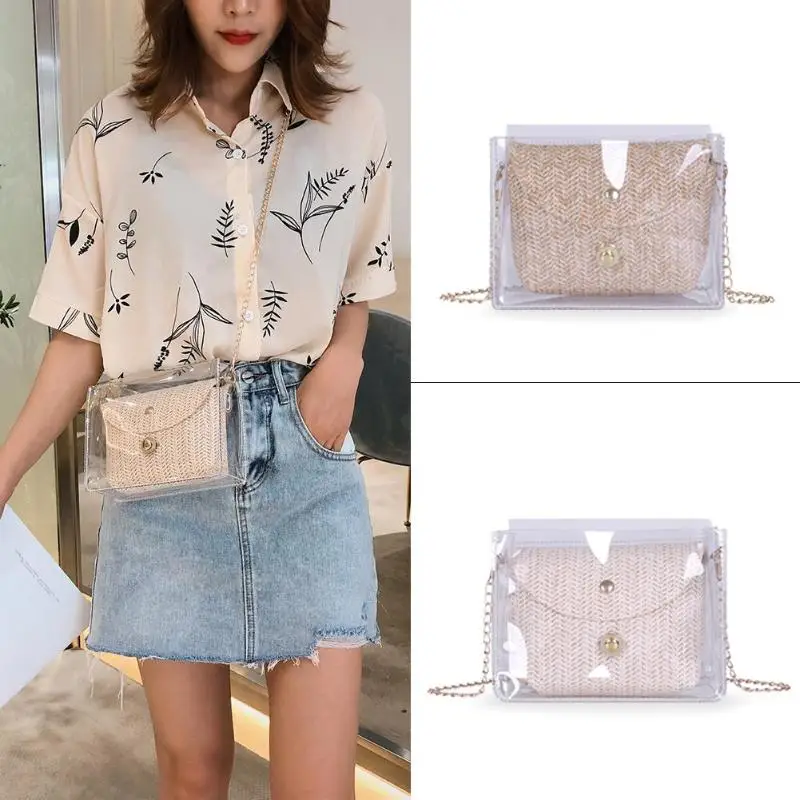 2pcs/set Handbag Transparent Women Hand Bags Chain Straw bag Lady Travel Beach Shoulder Cross Body Bag Holiday
