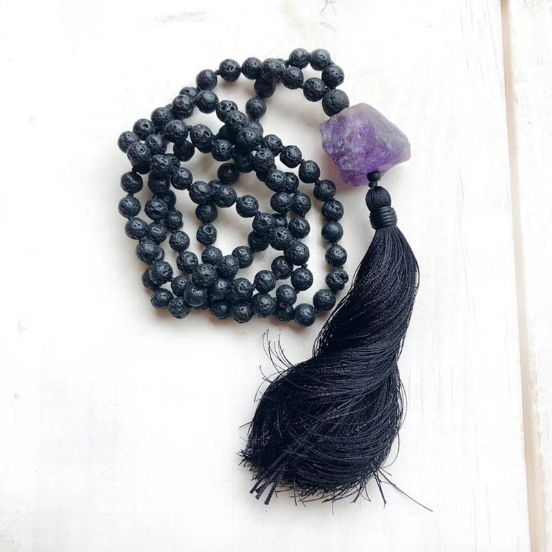 8 мм Черная Лава камень Мала ожерелье ручной работы с черной кисточкой 108 бусы