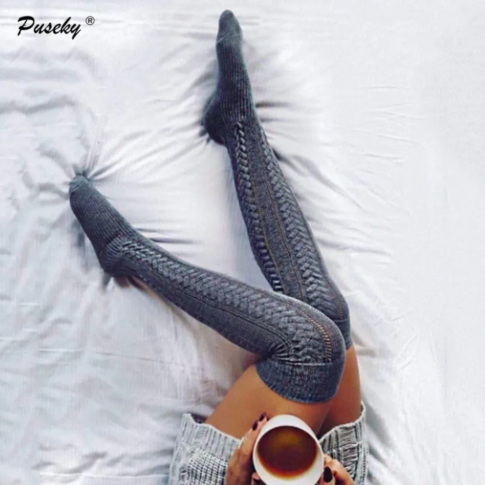 Зимние женские чулки теплые однотонные носки до колена бедра для девочек|thigh high