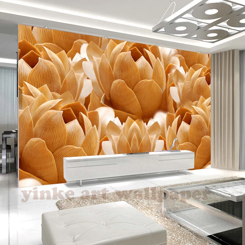 

3D Photo Wallpaper Wood Carving Lotus Flower Large Wall Mural Wallpaper Living Room Sofa TV Background Papel De Parede 3d