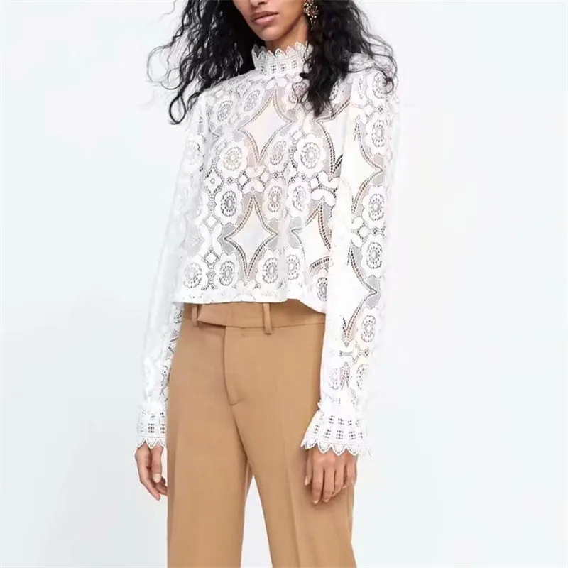 2019 Горячая Женская кружевная блузка с вырезом ZA длинным рукавом короткие