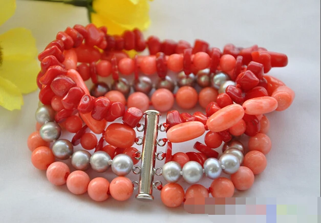 01207 5 ряд 8 &quotКруглый барочный красный розовый коралловый серый жемчужный браслет