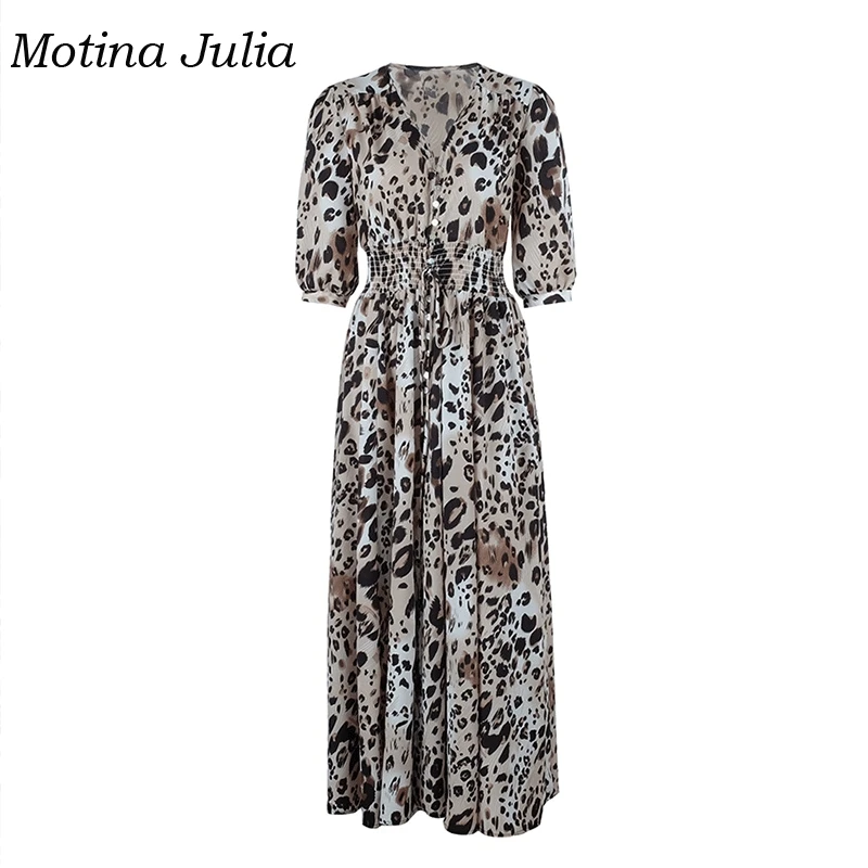 Motina Julia 2018 леопардовое Платье женское с v образным вырезом и пуговицами длинное