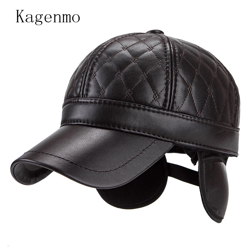 

Kagenmo Male Autumn Hat Leather Ear Protection Winter Hats Man Warm Thick Woolen Baseball Cap Keep Warm Leather Visor