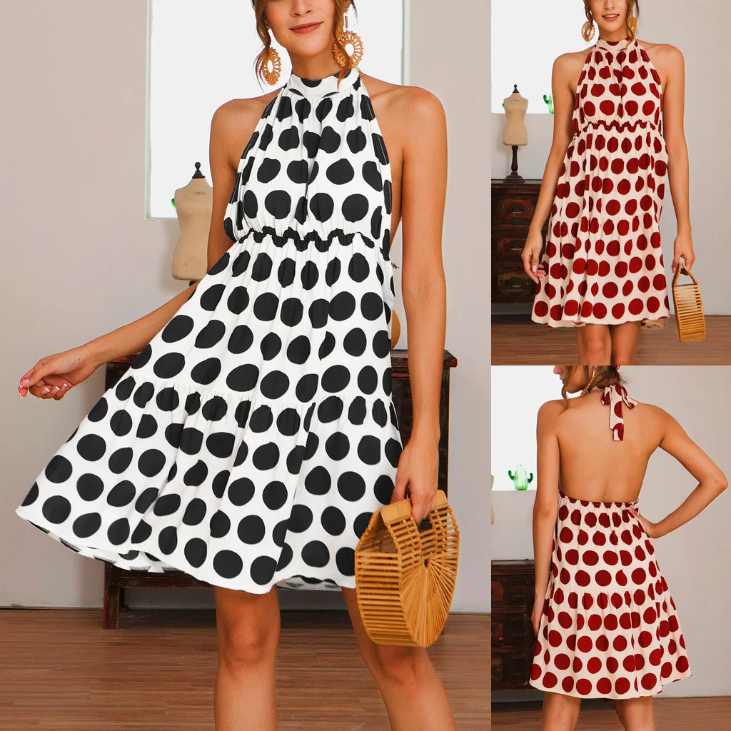 Женское платье 2019 летнее модное женское Бохо в горошек с лямкой через шею и