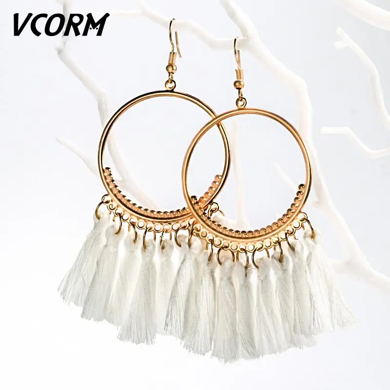 White VCORM новые модные богемные серьги с кисточками, большие висячие серьги для женщин, роскошные винтажные длинные висячие серьги с кристаллами, Женские Ювелирные изделия - Окраска металла: White