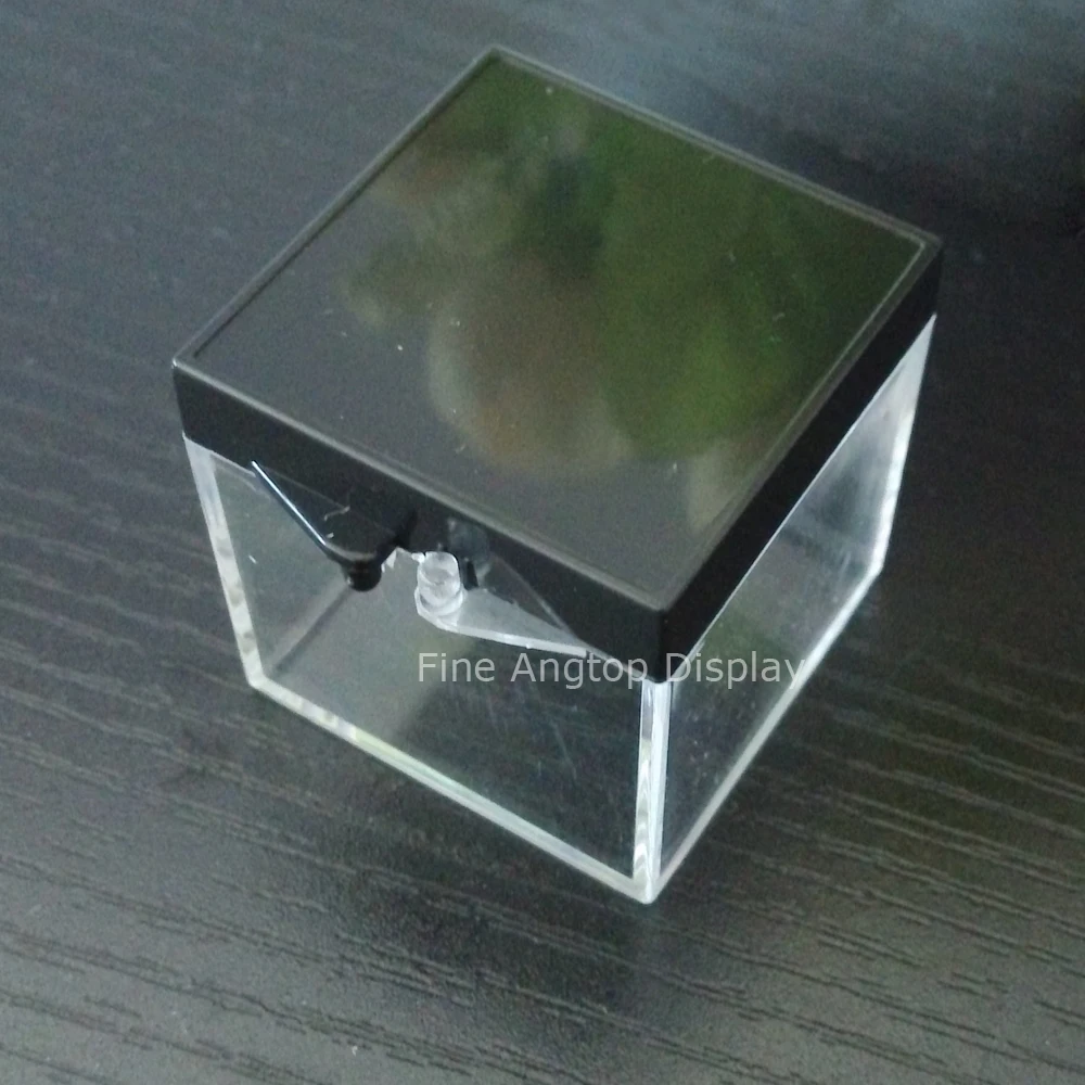 

10pcs/lot 3.4x3.4x3.4cm clear and black plastic hinged mineral box jewelry beads rings box storage display case