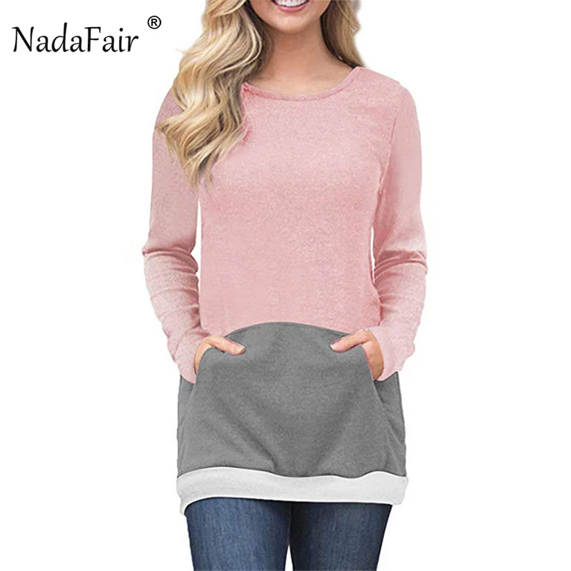 Nadafair 2018 осень-зима О Шея Полосатый Лоскутные толстовки с двумя карманами Для