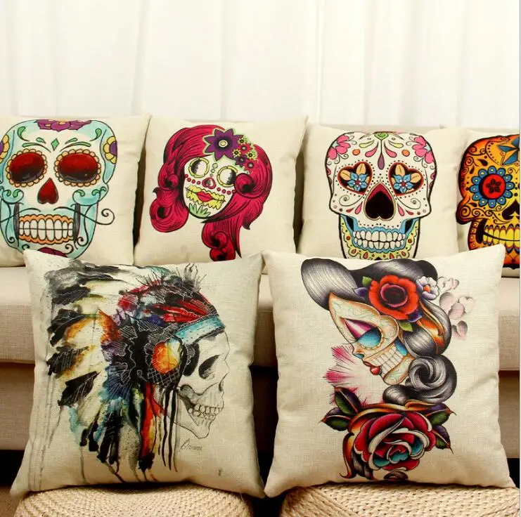 

Cushion Case Linen Cotton Cover Halloween Mexican Skull Pattern Bed Car Sofa Throw Pillows Home Decorative Pillowcase almofada