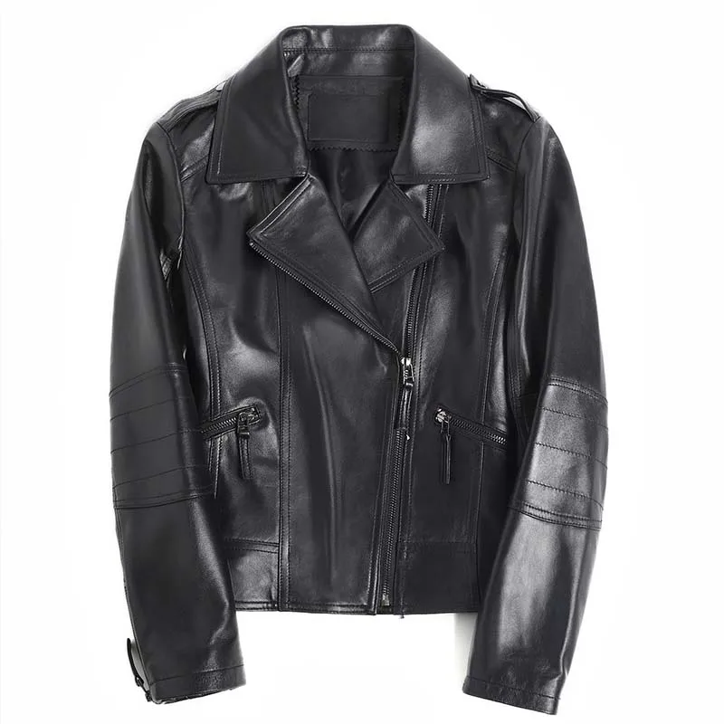 

High Quality 2019 New Women leather Jacket Casual Black Real leather Jacket Motorcycle Cotton Padded Warm Sheepskin Coat AO813