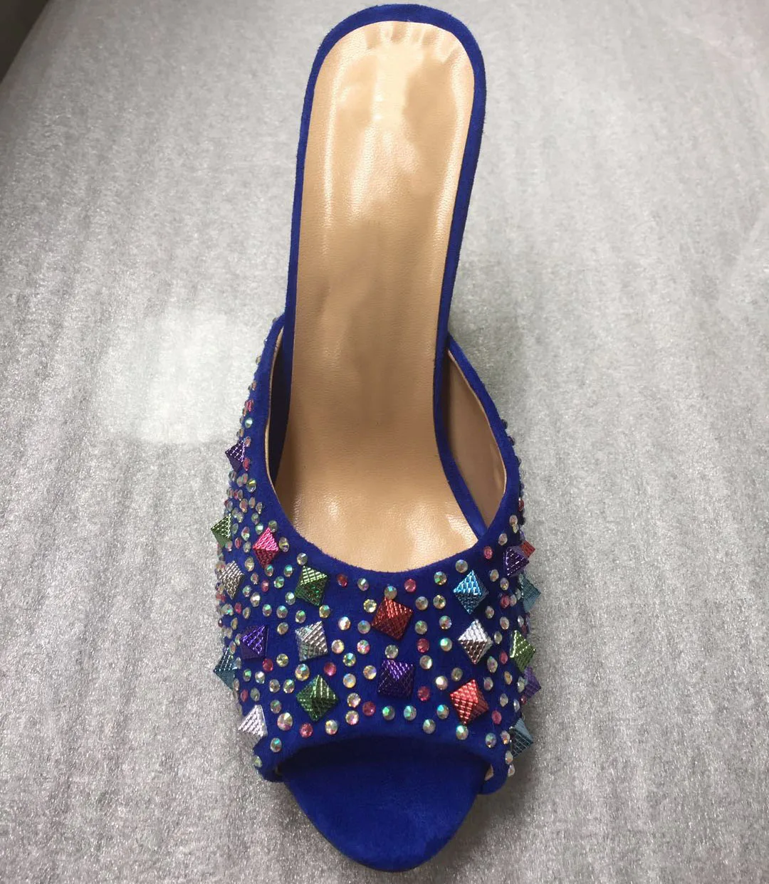 

2019 Summer New Studed Women's Shoes Colorful Rhinestone Heel Slides Plus Size Dress Shoes Blue