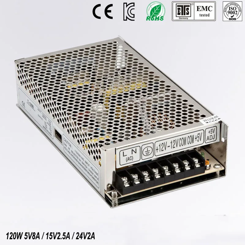 

Triple alimentation de sortie 120 W 5 V 8A 15 V 2.5A 24 V2A ac a dc alimentation T-120D haute qualite CE approuve