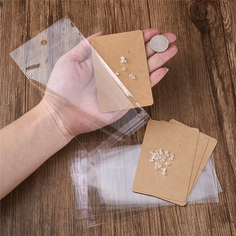 100pc Jewelry Earring Display Card with Ear Nuts Clear OPP Cellophan Plastic Pouches Ear Hooks Packing Card 90x60x0.1mm hole 1~5