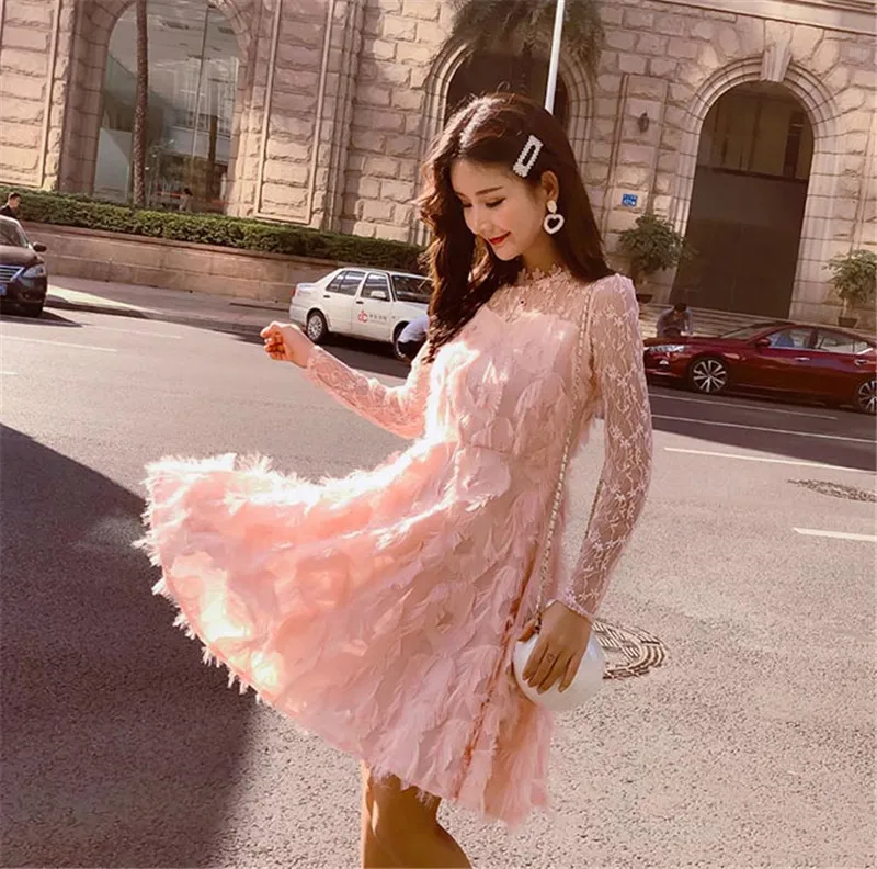 

Women Summer Dress Vintage Solid Dress Long Sleeve Tassel Straight Mini Dress Elegant Party Dress Vestidos De Fiesta Pink Dress