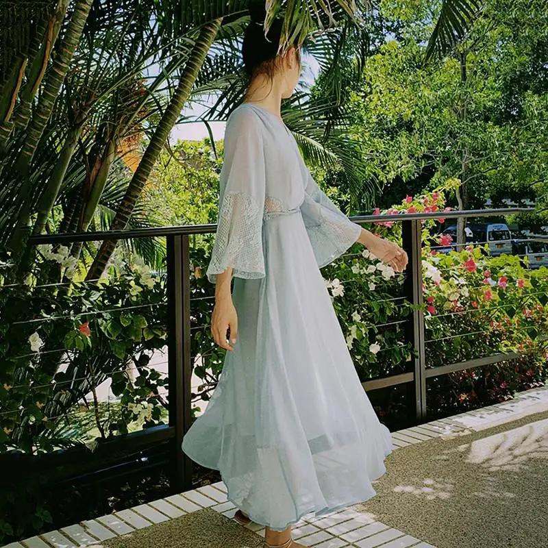 

New Summer Chiffon Dress Lace Stitching Flare Sleeve Casual Slim Women Dress Elegant V- Neck Solid Color Retro Simple Dress D119