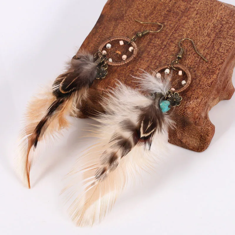 Длинные висячие серьги с кисточками и перьями для женщин Ловец снов бижутерия