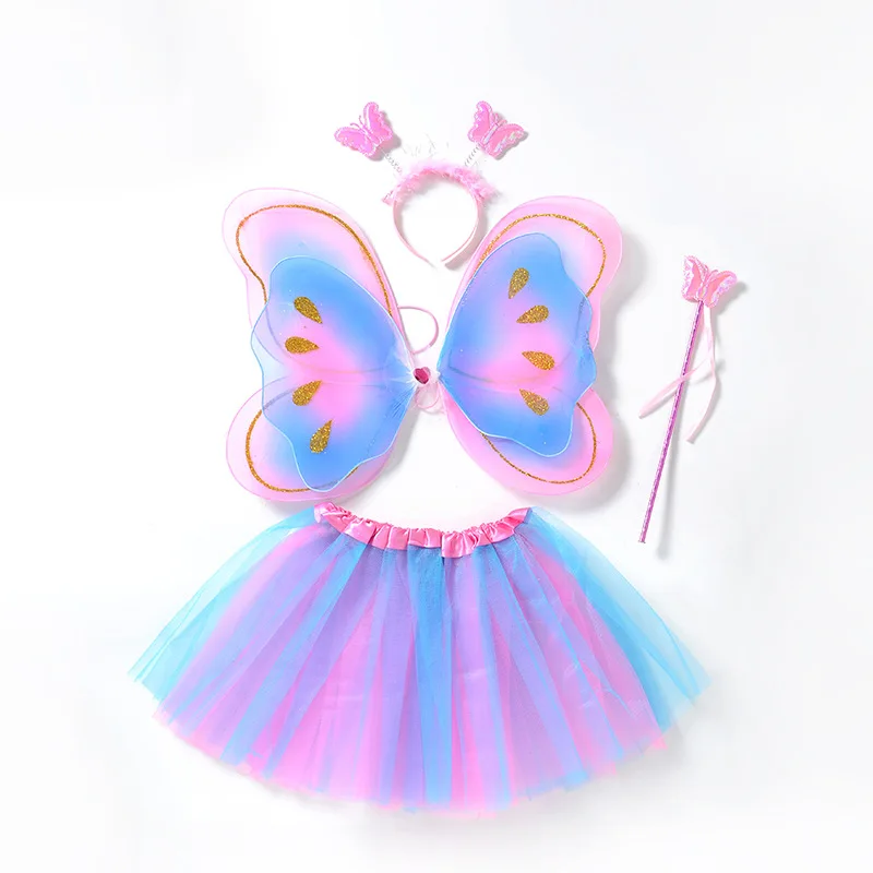 

4PCS Baby Girls Fairy Butterfly Costume Set with Wings Ballet Dance Tutu Skirt Wand and Headband Girl Princess Pettiskirt Tutus