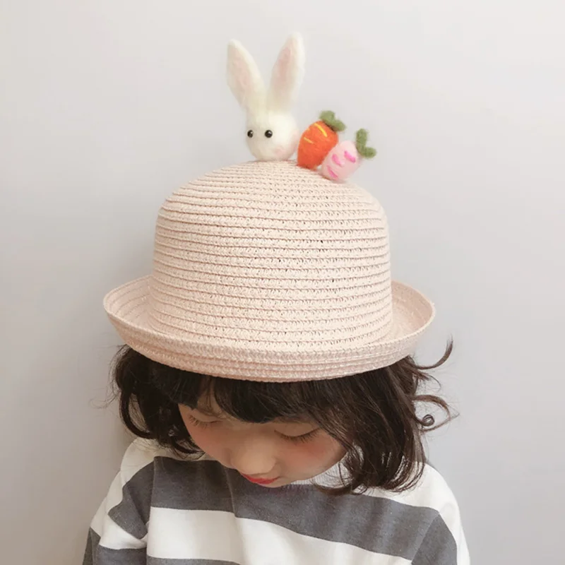 

Children straw hat girls sunscreen comfortable quality sun hat baby bunny cartoon fisherman cap summer outdoor lovely sun hat