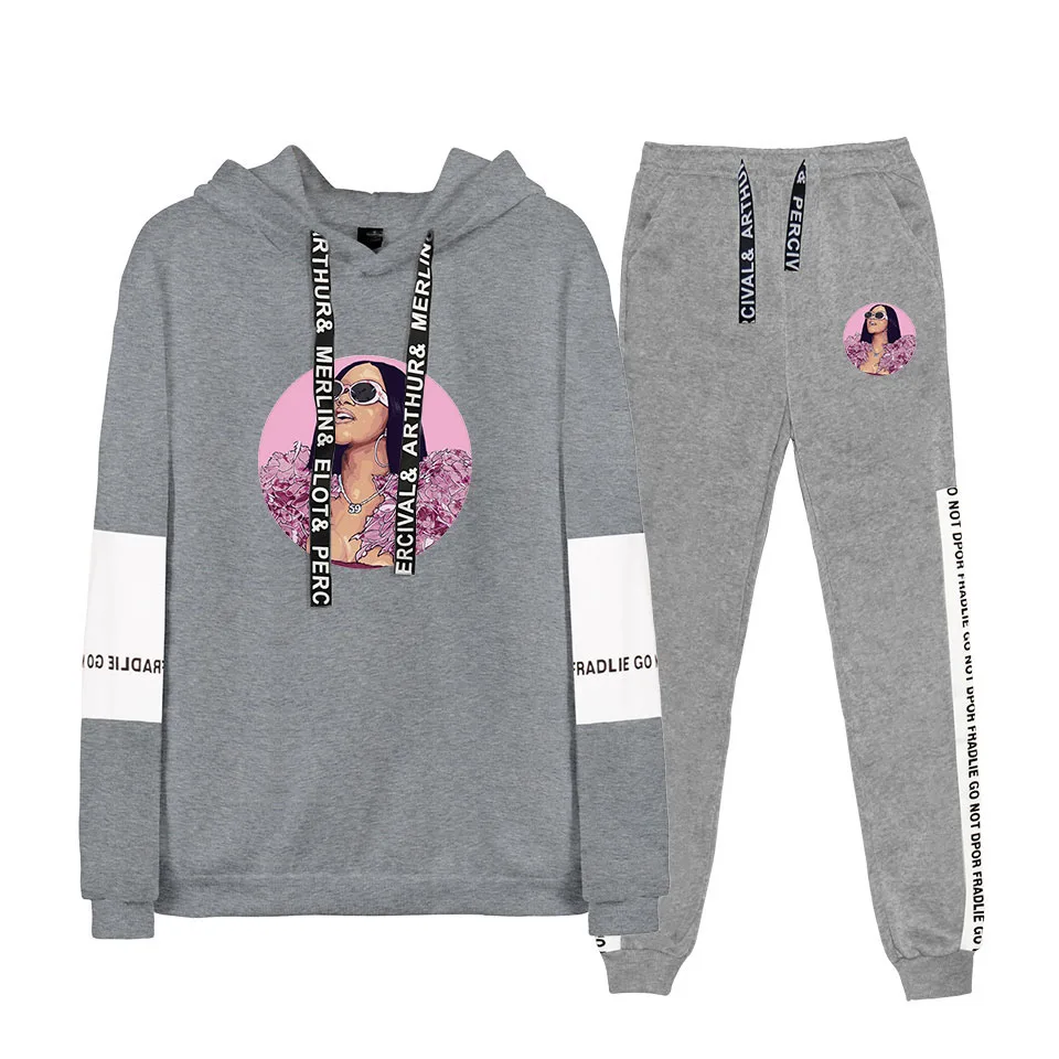 Cardi B Толстовки Кофты комплект из двух предметов для женщин Harajuku осенняя одежда для комплект из 2 предметов топ+ брюки уличная подходящая пуловеро