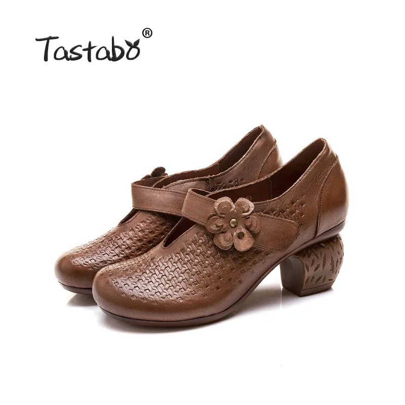 Brown Tastabo/женские ботинки на высоком каблуке; Цвет черный, коричневый; женская обувь; удобная повседневная обувь; ручная работа; стиль ретро; цветочный элемент - Цвет: Brown