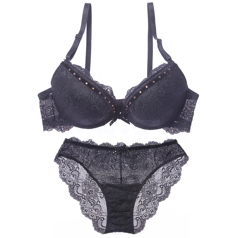 BLACK Lilymoda, женские роскошные кружевные стразы, бюстгальтер и нижнее белье, Комплект трусов, пуш-ап, чашка 3/4, бюстгальтер, сексуальный женский бюстгальтер, комплект нижнего белья - Цвет: BLACK