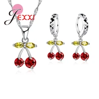 party gift colorized crystal women jewelry sets 925 sterling silver necklace earrings cherry design dangle pendants