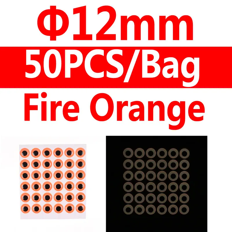 12mm fire orange 50p Bimoo 50 шт. световая приманка для рыбалки глаза 3D моделирование нахлыстом Гольян Искусственные глаза рыбы Оранжевый Синий Зеленый 3 мм/4 мм/5 мм и т. Д - Цвет: 12mm fire orange 50p