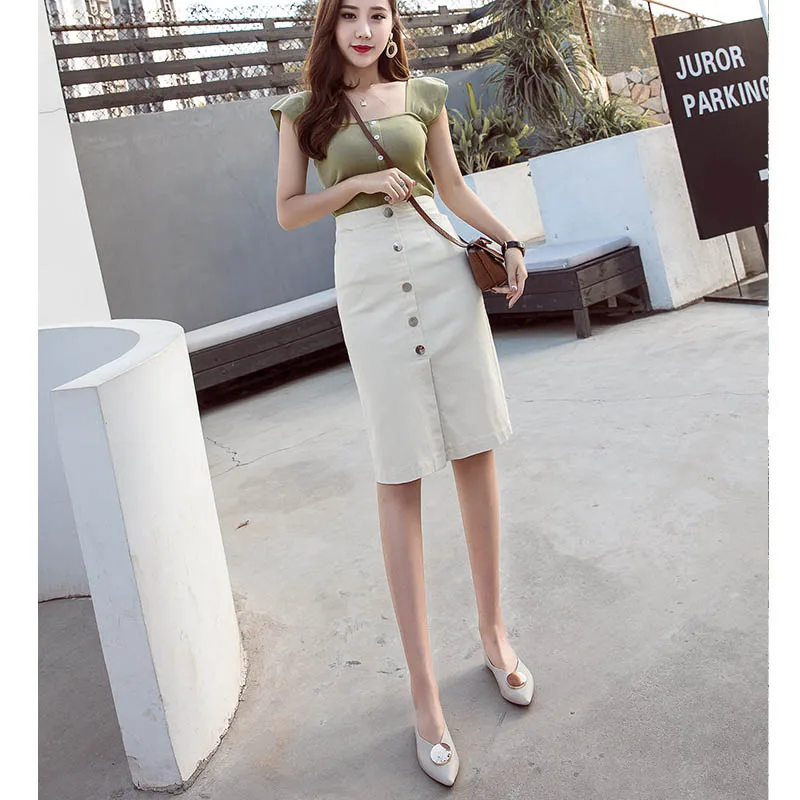 NORMOV Fashion Women High Waist Single Breasted Jean Skirt Streetwear Skinny Female Pencil Skirt White Pockets Denim Skirt