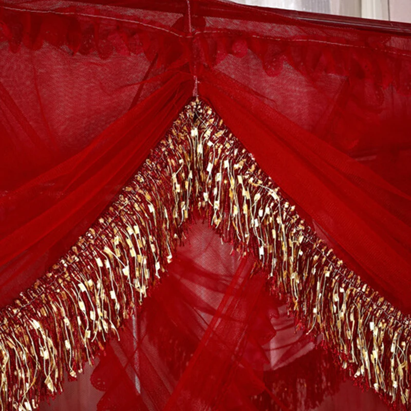 

[byetee] Mosquito Net Red Bed Canopy Curtains Palace Mosquito Net Three-door Luxury Bed Canopy with Stainless Steel Frame